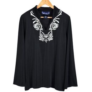 Susan Graver Blouse Womens Embellished Nylon Medium Black Boho Classic Goth USA